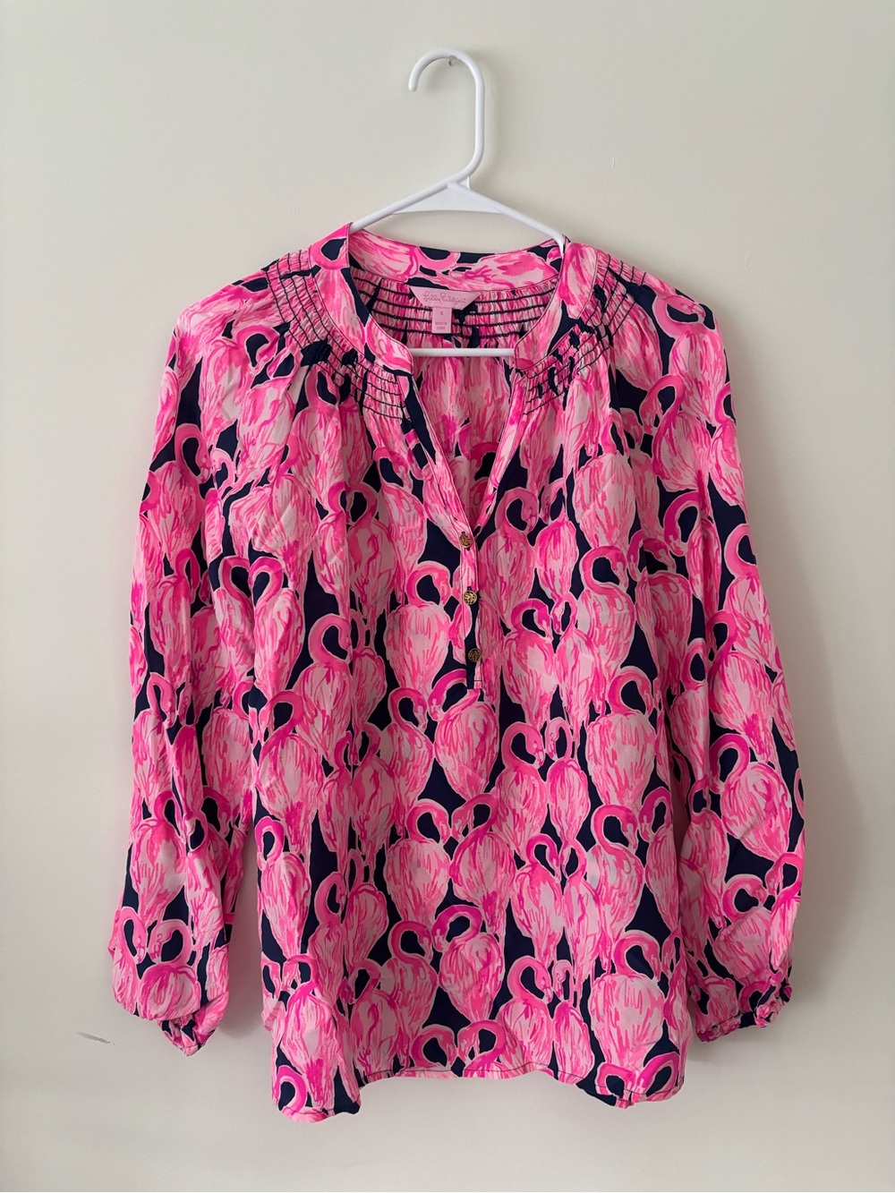 Lilly Pulitzer Pink and Navy Printed Long-Sleeve Blouse